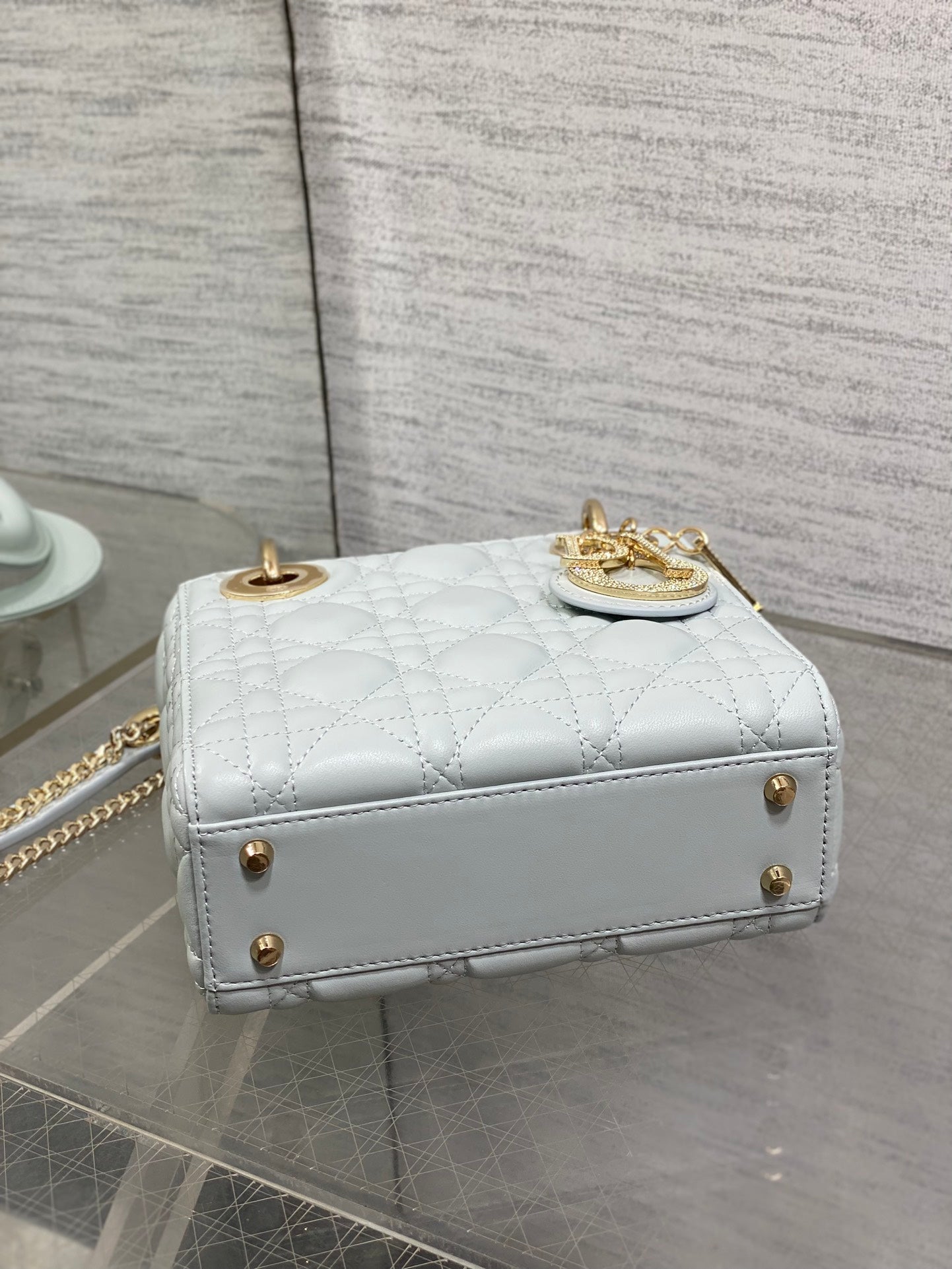 DIOR 25S MINI LADY DIOR BAG 17 IN LIGHT BLUE CALFSKIN CHARM CRYSTAL EMBELLISHMENTS
