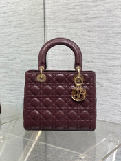 DIOR 25S MEDIUM LADY BAG 24 IN BURGUNDY CALFSKIN GOLD HARDWARE