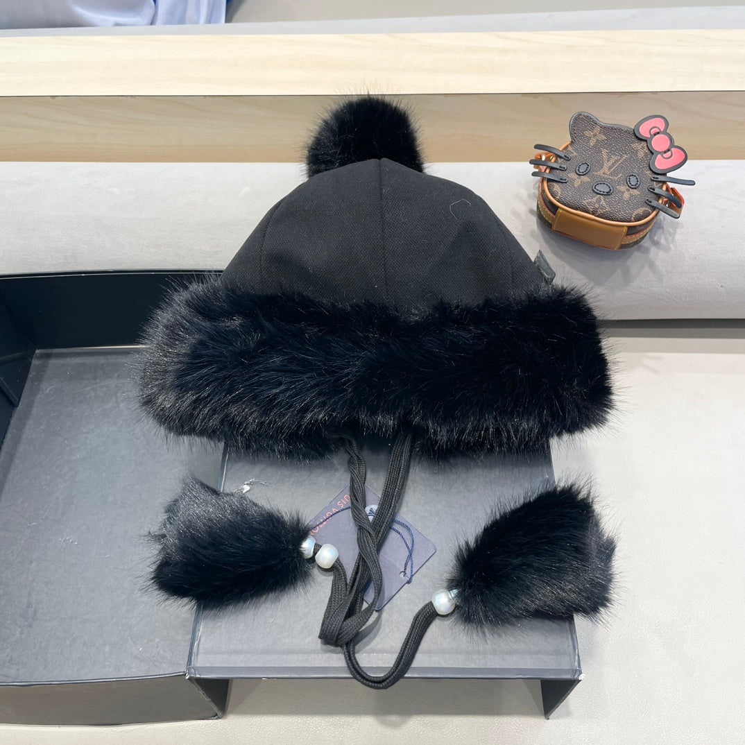BEANIE HAT IN BLACK FLEECE AND WOOL 424308