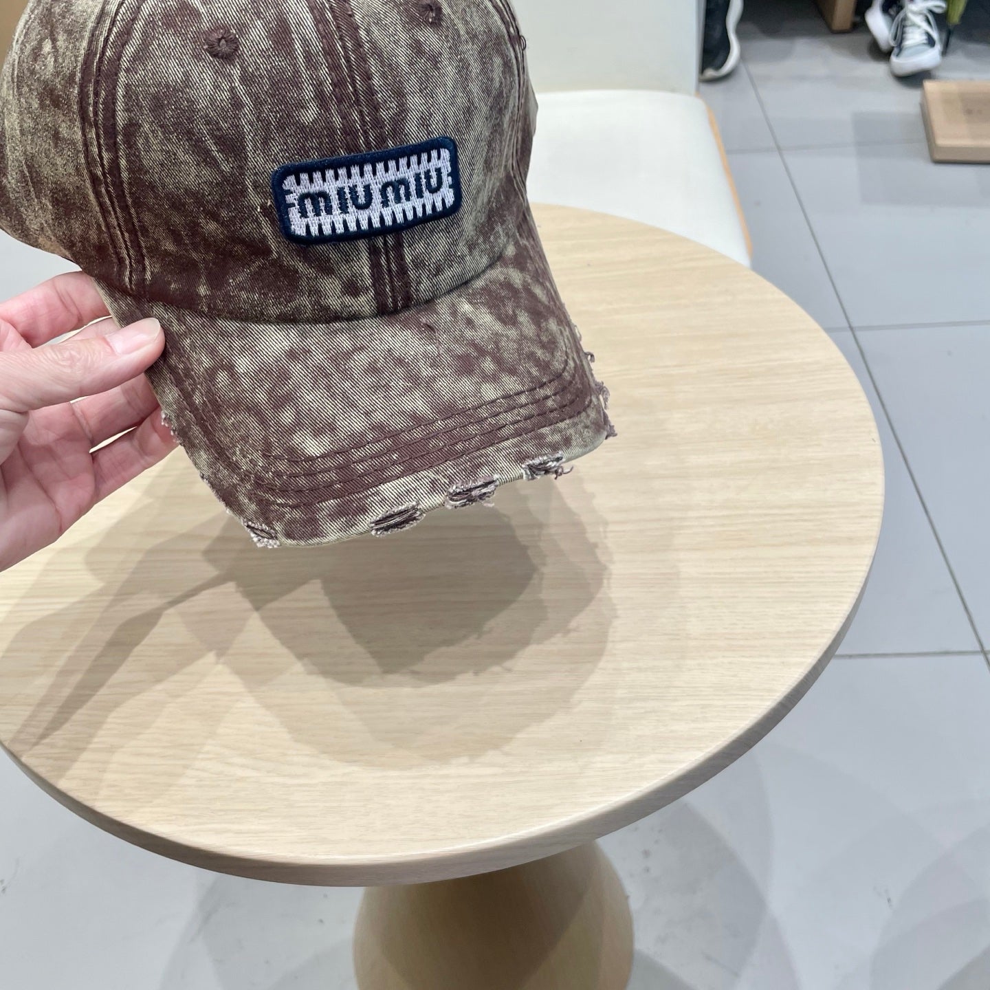 MM DISTRESSED FABRIC BASEBALL CAP IN BROWN WITH EMBROIDERED LOGO
