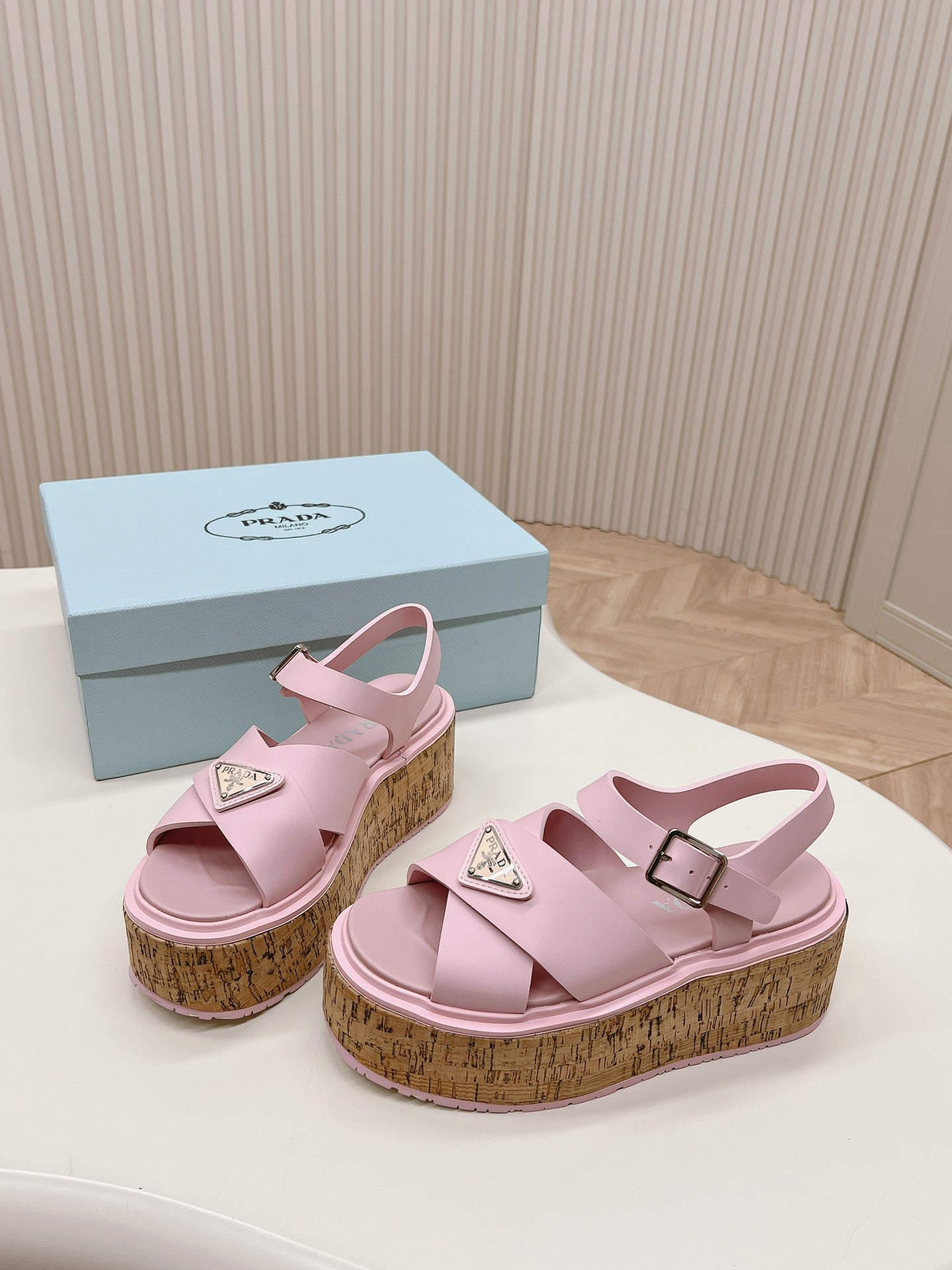 PRA WEDGE PLATFORM SANDALS PASTEL PINK CALFSKIN