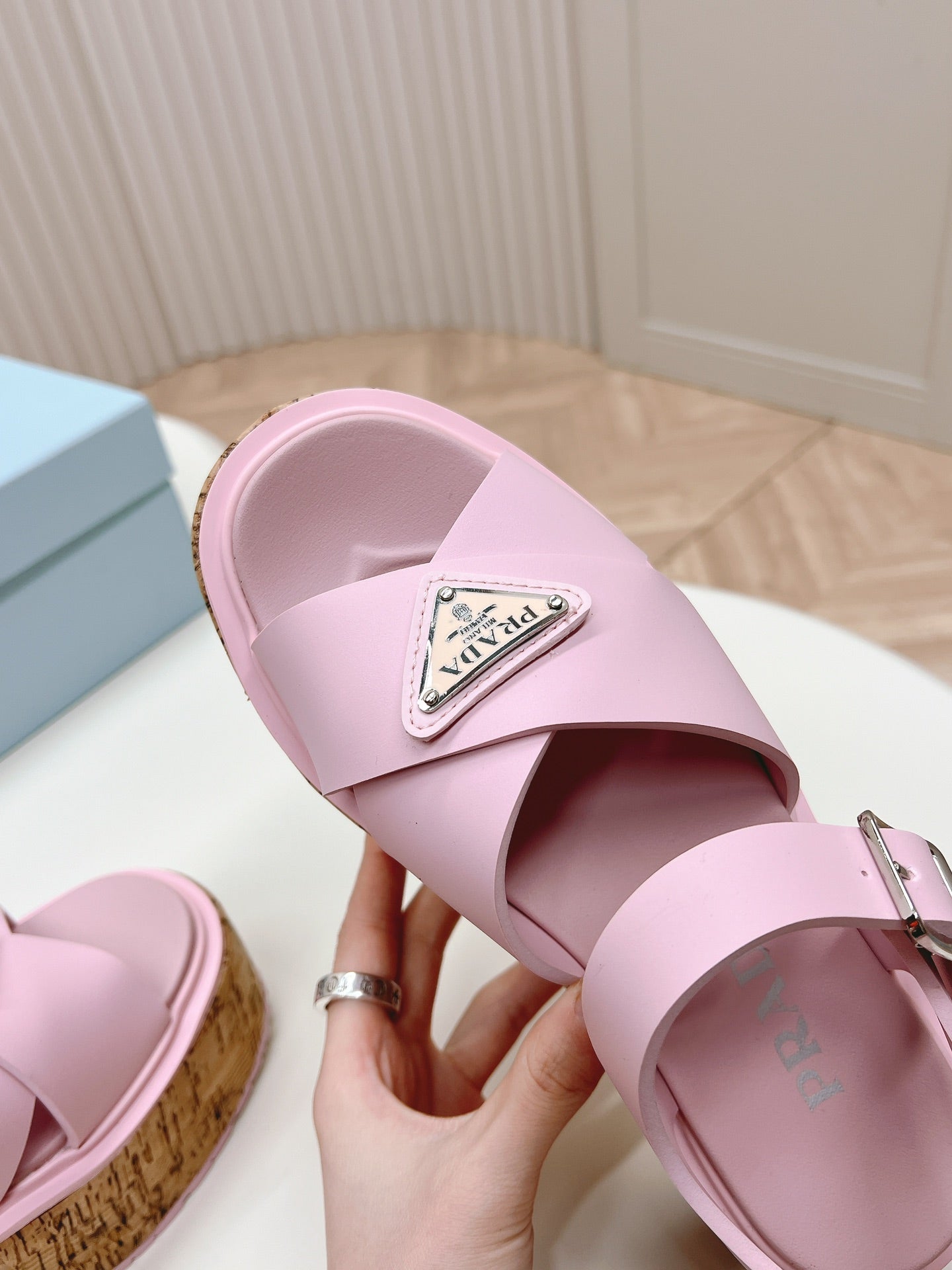 PRA WEDGE PLATFORM SANDALS PASTEL PINK CALFSKIN