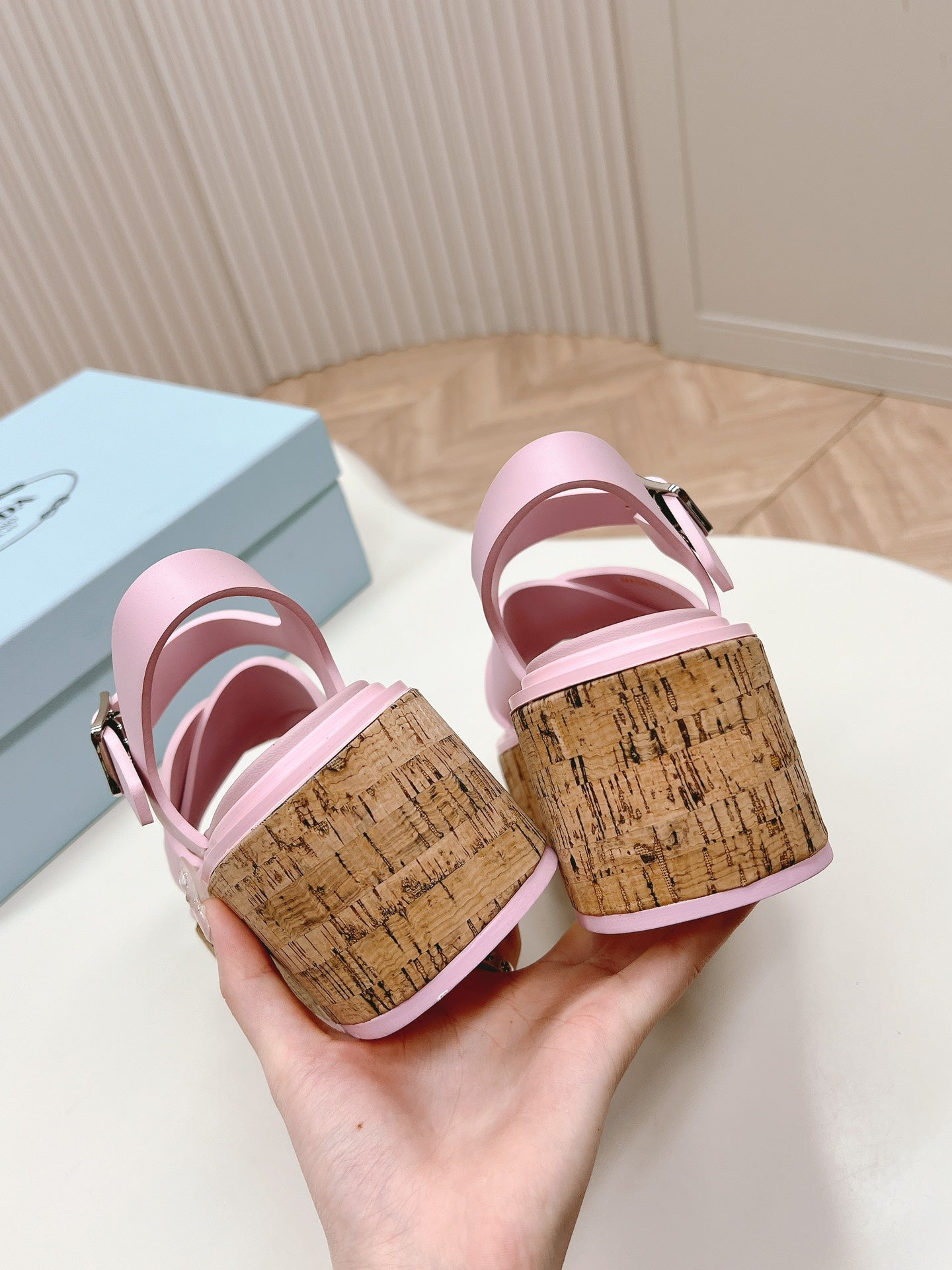 PRA WEDGE PLATFORM SANDALS PASTEL PINK CALFSKIN