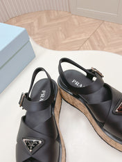 PRA WEDGE PLATFORM SANDALS BLACK CALFSKIN