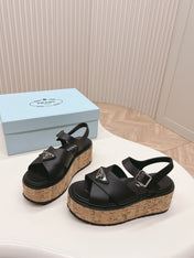 PRA WEDGE PLATFORM SANDALS BLACK CALFSKIN