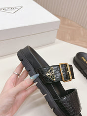 PRA CROCODILE MOTIF SLIDES SANDALS BLACK CALFSKIN