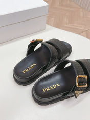 PRA CROCODILE MOTIF SLIDES SANDALS BLACK CALFSKIN