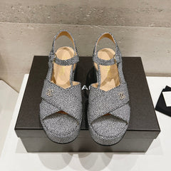 Wedge Open-Toe High Heel Sandals Slate Gray Sheepskin