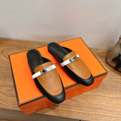 HM 26S KELLY MULE IN CARAMEL BROWN AND BLACK CALFSKIN GOLD HARDWARE