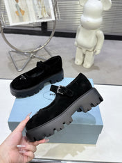 PRADA 25S PLATFORM MARY JANE SHOES IN BLACK SUEDE STYLE 2