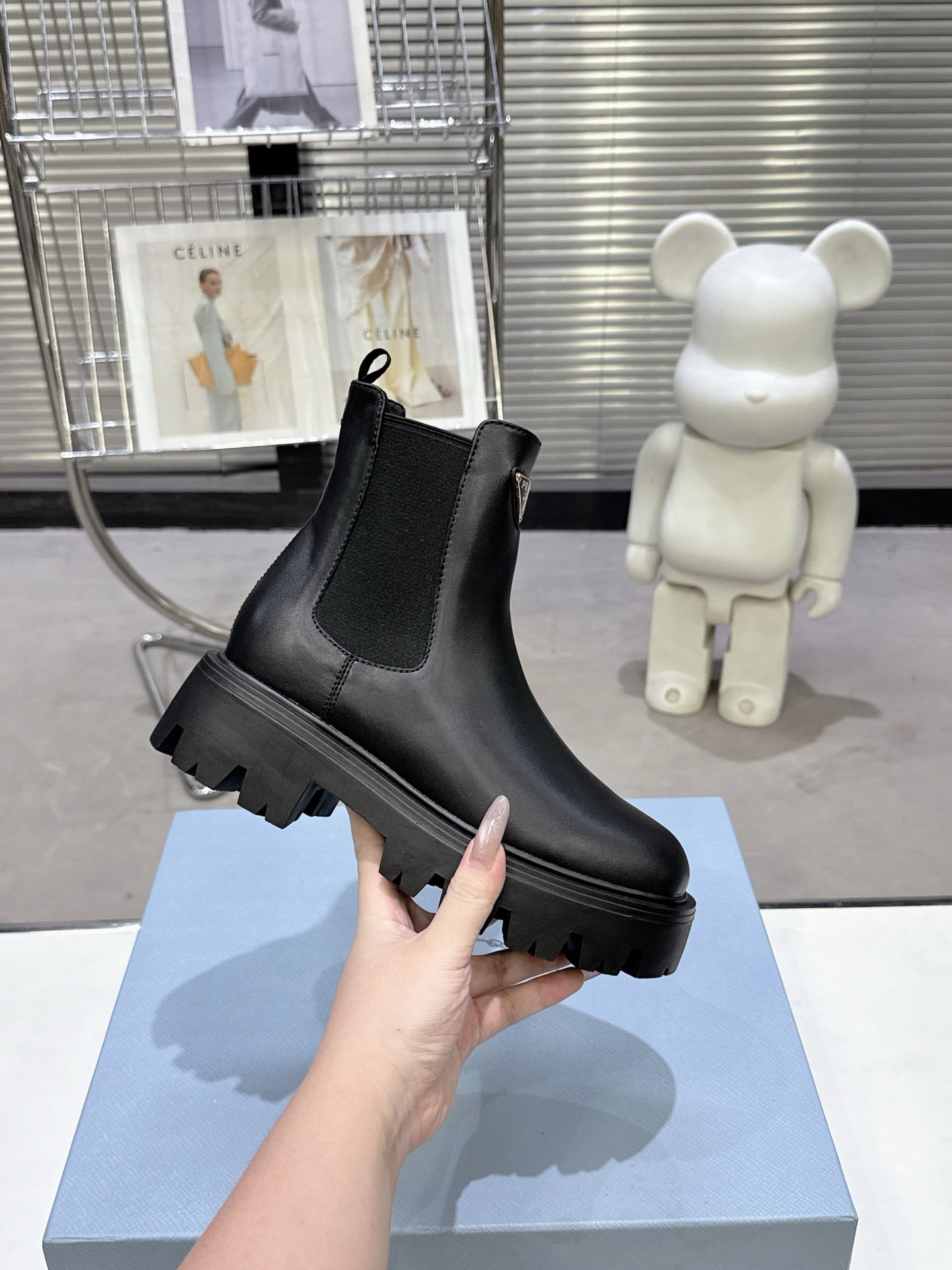 PRADA 25S RETRO PLATFORM MARTIN ANKLE BOOTS IN BLACK CALFSKIN