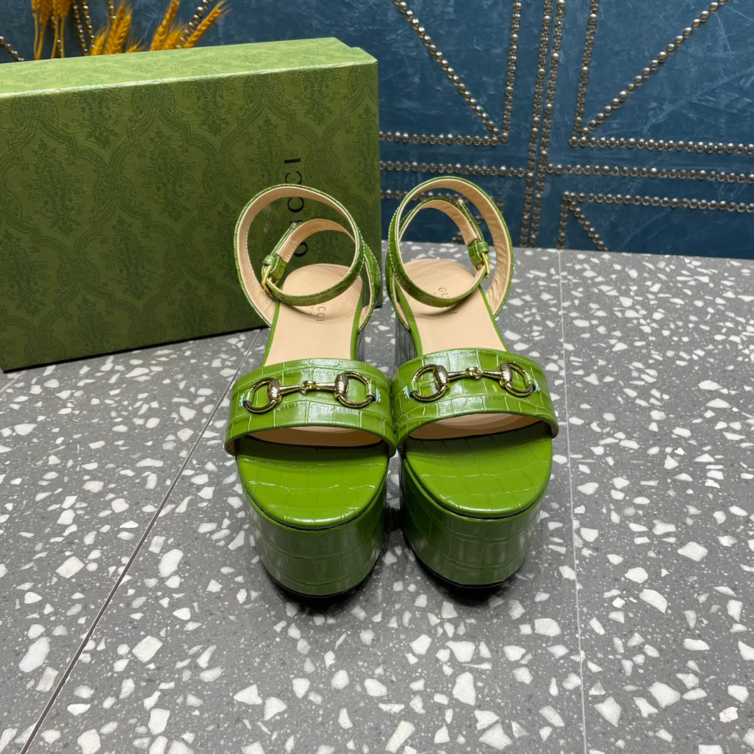GG HORSEBIT PLATFORM SANDAL GREEN CALFSKIN