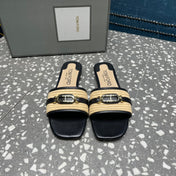 RAFFIA AND LEATHER WHITNEY SLIDE BLACK MIX BEIGE