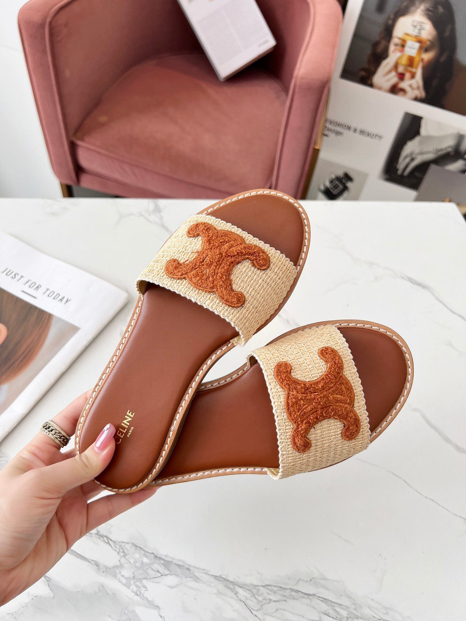 LYMPIA MULE BEIGE RAFFIA AND TAN WOOL