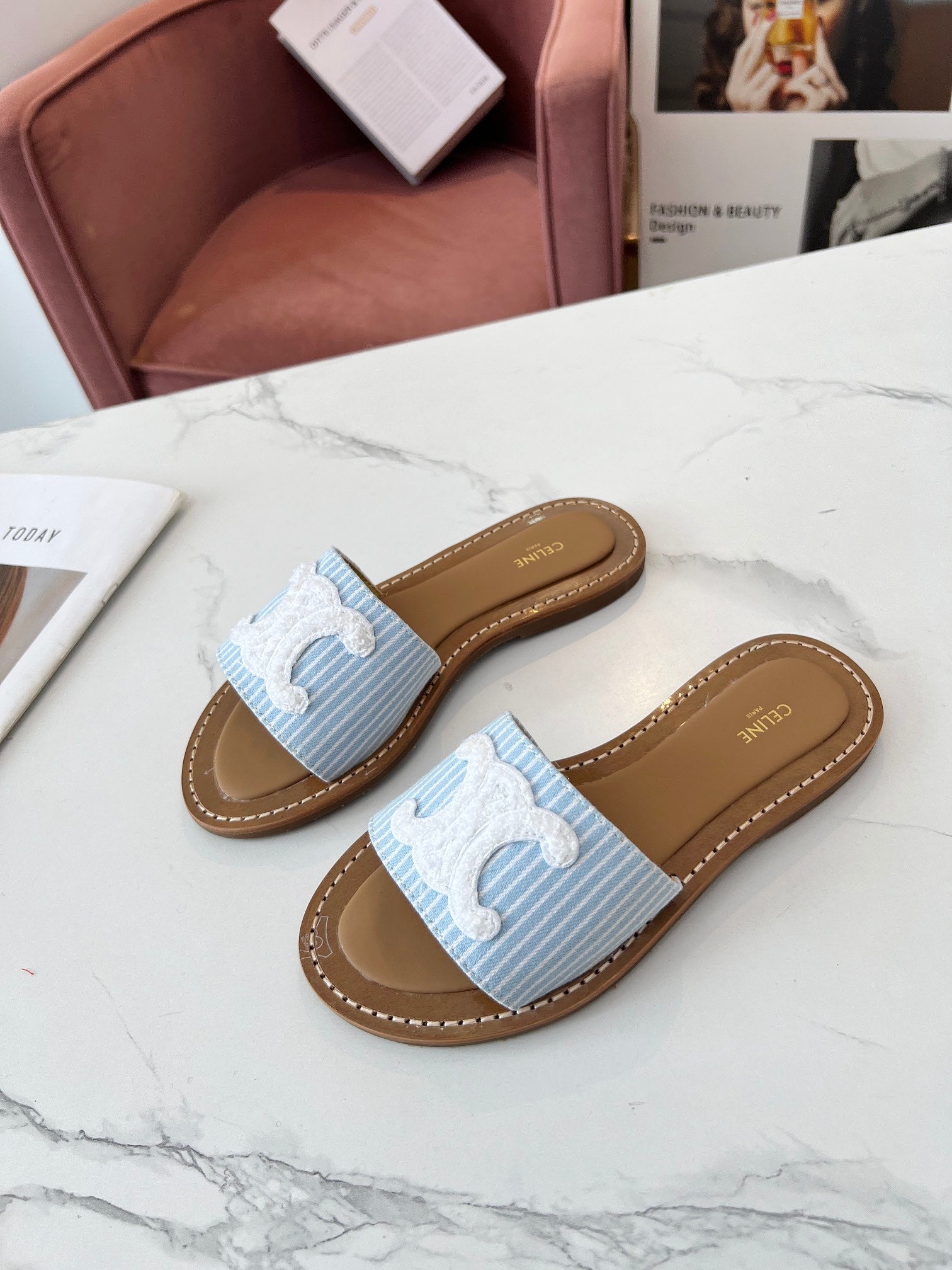 LYMPIA MULE STRIPED BLUE SKY CANVAS WOOL LOGO