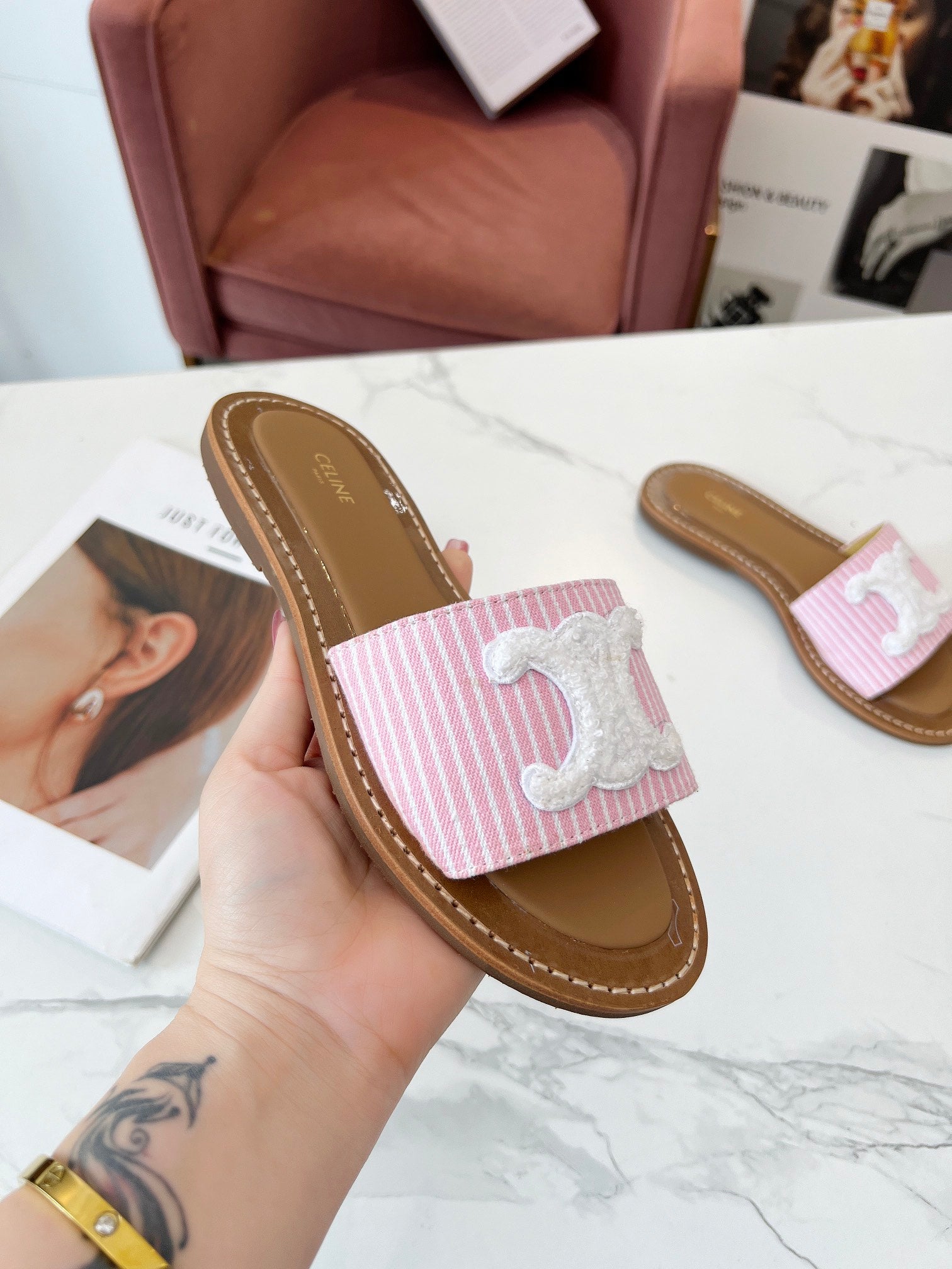 LYMPIA MULE STRIPED LIGHT PINK CANVAS WOOL LOGO
