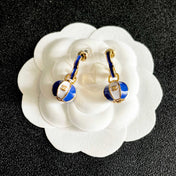 CHANEL 26S DOUBLE C LOGO BALL DROP EARRINGS IN BLUE AND WHITE ENAMEL WITH GOLD METAL 631905