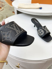 HIGH MULE IN BLACK LAMBSKIN WITH RHINSTONES 55 MM