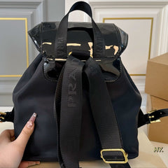 BACKPACK 25 IN BLACK RE-NYLON AND PATENT CALFSKIN GOLD HARDWARE