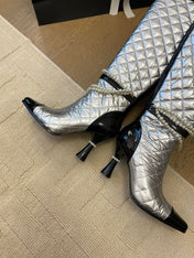 KNEE HIGH BOOTS 8 CM IN SILVER MIX BLACK CALFSKIN WITH PEARL CHAIN
