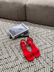 PRA TRIANGLE HEEL SATIN SANDALS CRIMSON