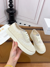 DIOR 26S LOW TOP SNEAKERS IN BEIGE CANVAS WITH WHITE LACE TRIM & LOGO PRINT