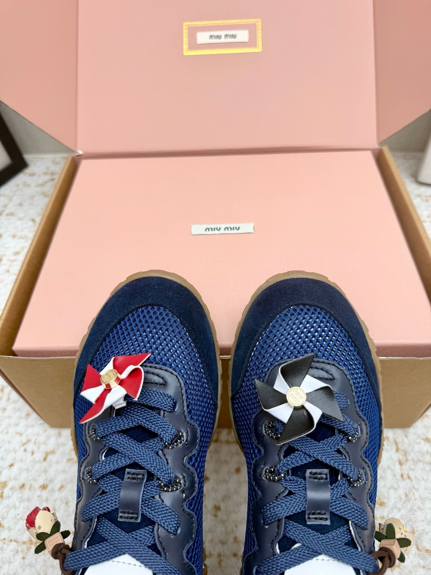MIUMIU 26S CHARM SNEAKERS IN NAVY BLUE MESH AND SUEDE