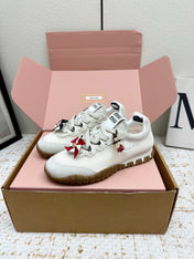 MIUMIU 26S CHARM SNEAKERS IN WHITE MESH AND SUEDE