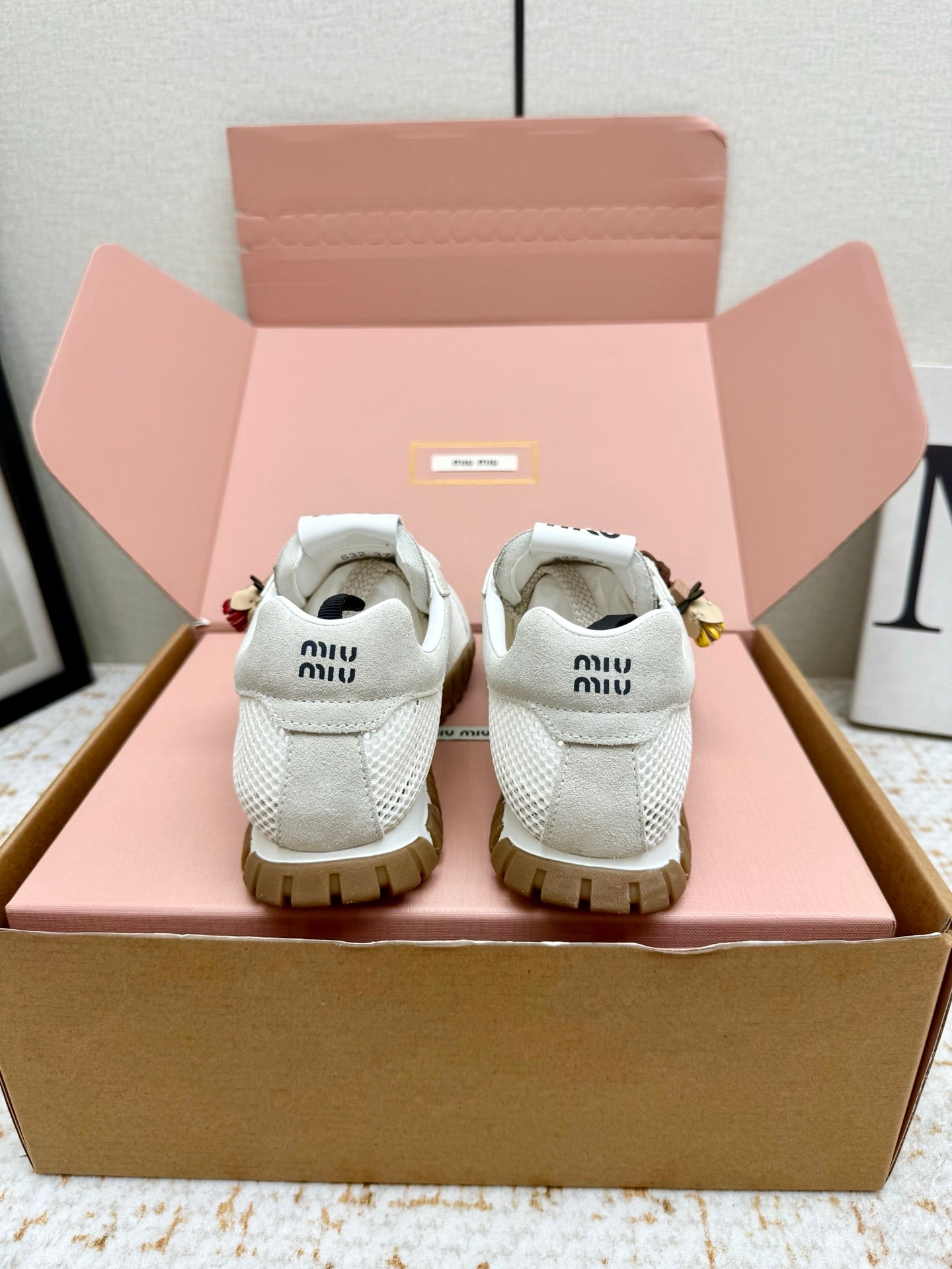 MIUMIU 26S CHARM SNEAKERS IN WHITE MESH AND SUEDE