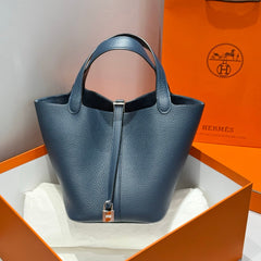 HERMES 25S PICOTIN LOCK 22 IN NAVY BLUE CALFSKIN SILVER HARDWARE