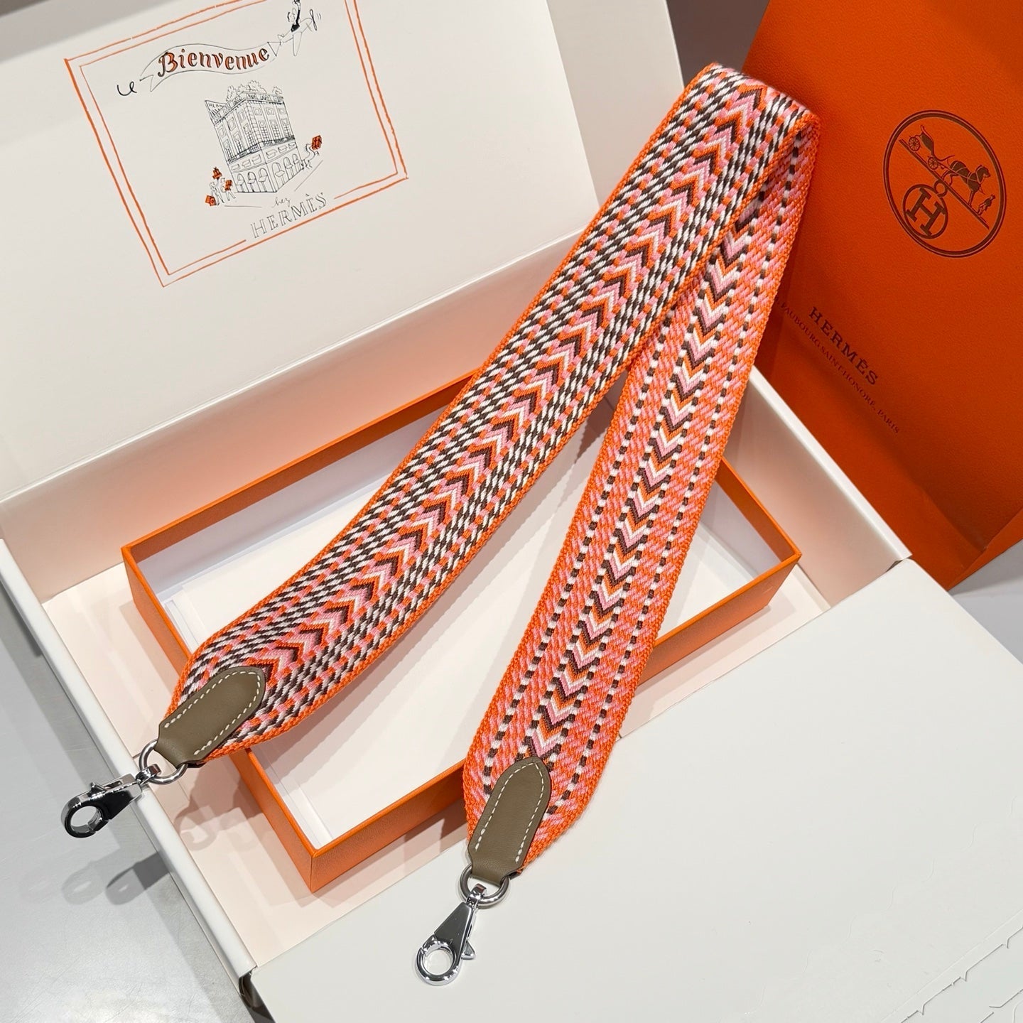 25S HERMES BAG STRAP ORANGE PATTERN 85 IN CANVAS SILVER HARDWARE