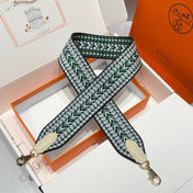 25S HERMES BAG STRAP BLACK AND GREEN PATTERN 85 IN CANVAS GOLD HARDWARE