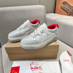 ASTROLOUBI SNEAKER IN SILVER CALFSKIN SPIKES RHINESTONE DETAILS