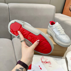 ASTROLOUBI SNEAKER IN SILVER CALFSKIN SPIKES RHINESTONE DETAILS