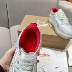 ASTROLOUBI SNEAKER IN SILVER CALFSKIN SPIKES RHINESTONE DETAILS