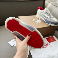 ASTROLOUBI SNEAKER IN WHITE AND GREY CALFSKIN WHITE SPIKES RHINESTONE DETAILS