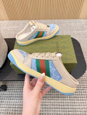 GUCCI 26S BACKLESS SNEAKERS IN BLUE CANVAS AND BEIGE LEATHER