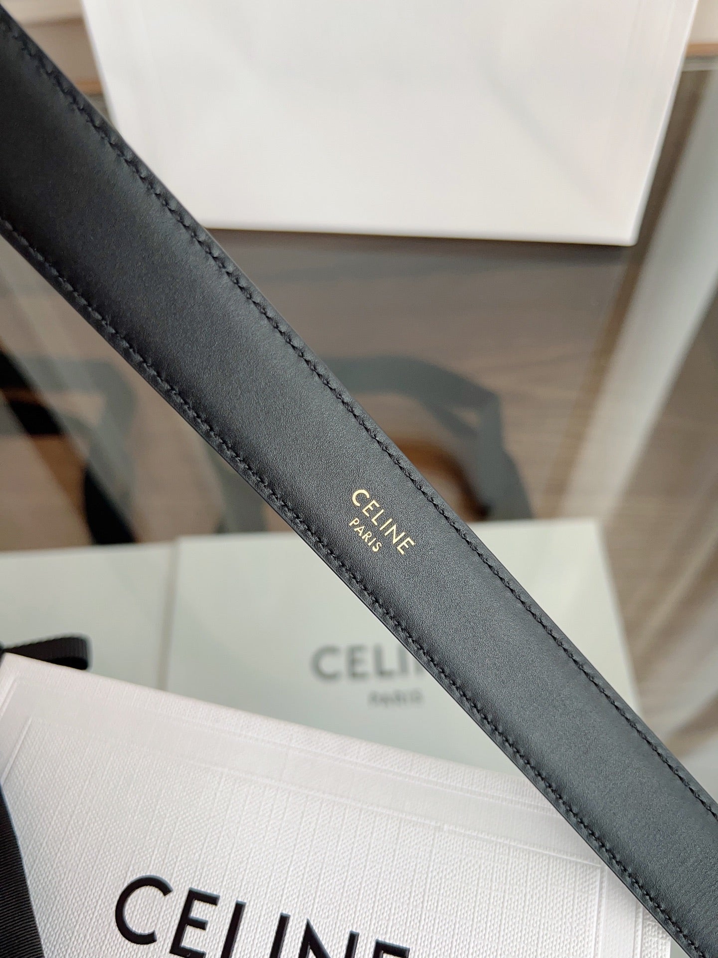 TRIOMPHE BELT 24MM IN BLACK CALFSKIN WITH GOLD BUCKLE
