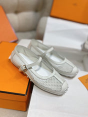 HM 26S KICHU BALLET FLAT IN WHITE CROCHET KNIT AND CALFSKIN