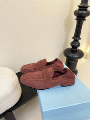 PRADA 25S SHUFFLE LOAFERS IN DARK BROWN SUEDE