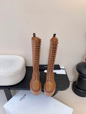 CELINE 26S LACE-UP HIGH-TOP BOOTS 45 MM IN BROWN CALFSKIN