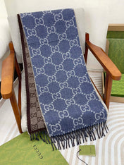 GG JACQUARD WOOL SCARF DENIM BLUE MIX COFFEE BROWN 398286