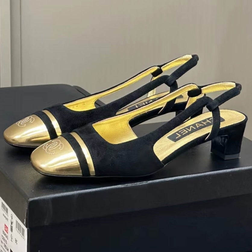 SLINGBACKS IN BLACK SUEDE AND GOLDEN LAMBSKIN