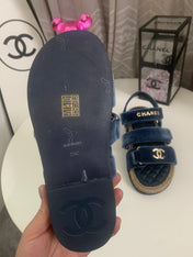 CHANEL 26S STRAPPY SANDALS IN NAVY BLUE VELVET WITH ROPE SOLE GOLD HARDWARE