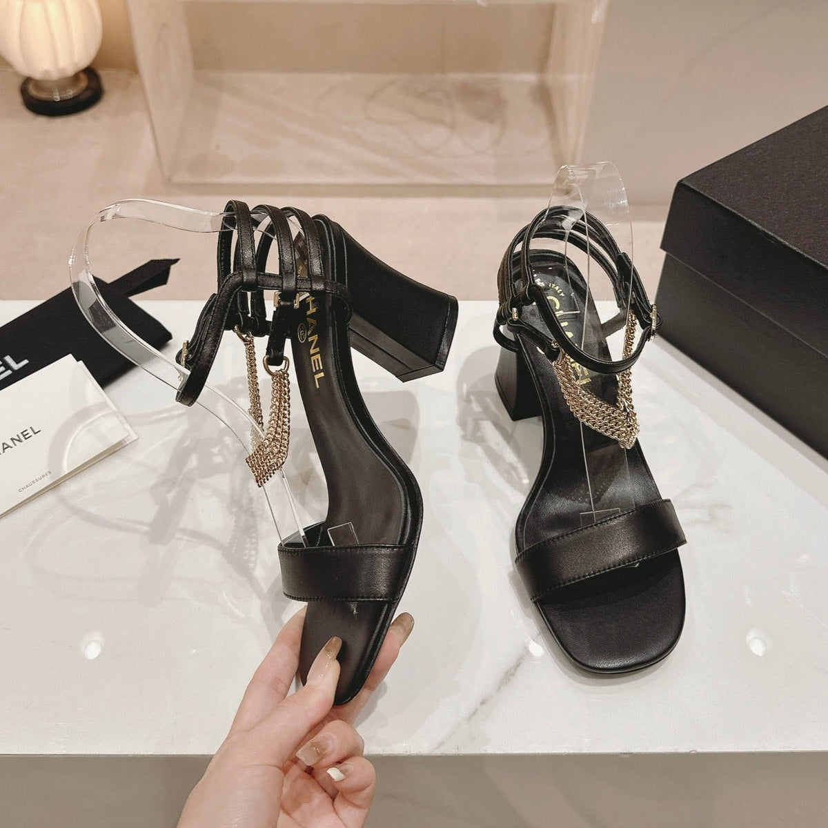 Double C Leather High Heel Sandals Black