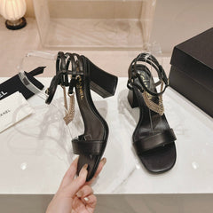 Double C Leather High Heel Sandals Black