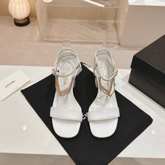 Double C Leather High Heel Sandals White