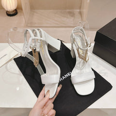 Double C Leather High Heel Sandals White