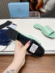 PRA SAFFIANO PATENT SLIDES OSTRICH MOTIF SEAFOAM CALFSKIN