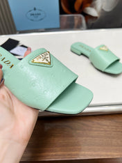 PRA SAFFIANO PATENT SLIDES OSTRICH MOTIF SEAFOAM CALFSKIN